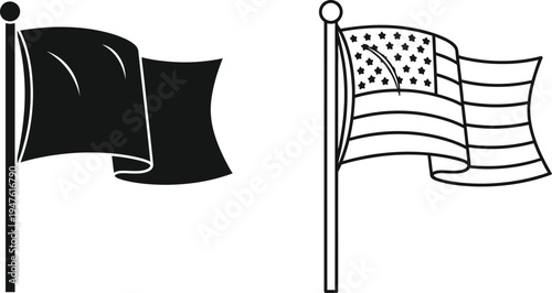 Black and white american flag and blank flag on poles Vector