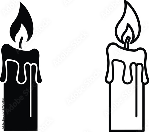 Black and white candles with dripping wax and flames Vector