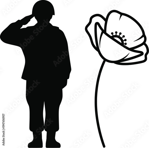Soldier salutes poppy flower Vector