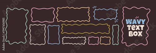 Irregular speech bubbles and square frames in groovy hand drawn style. Text boxes, frames, and organic shapes. Retro doodle style with wavy borders for banners and quotes.