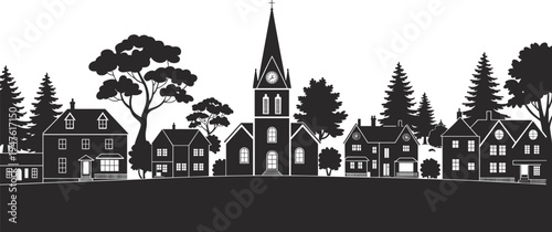 Village skyline silhouette with church tower, houses and trees isolated on white background, countryside town landscape vector illustration for architecture, rural community and travel design