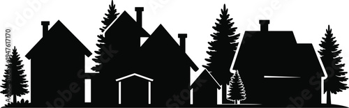 Village houses and pine trees silhouette landscape isolated on white background, countryside home skyline vector illustration for rural architecture, town scenery and nature design