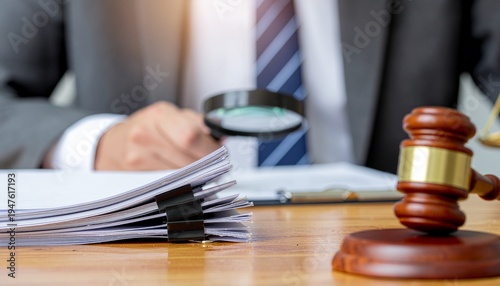 Close-up scene of a professional reviewing legal paperwork with magnifying glass next to a judge gavel