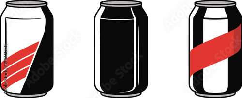 Aluminum soda can mockup set with label design template isolated on white background, beverage packaging vector illustration for soft drink branding and product presentation