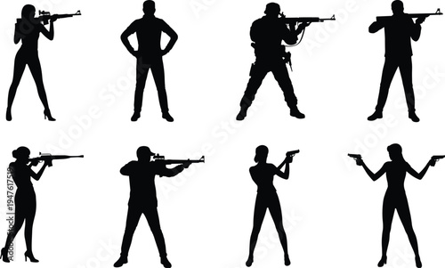 Armed soldier and agent silhouettes set, men and women aiming rifles and pistols tactical combat poses isolated