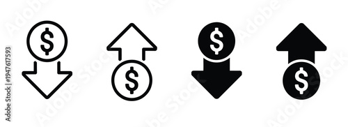 Dollar Money Vector Icon Set, Illustrations of Increasing and Decreasing Costs, Profit and Loss Symbols for Financial Reports, Business Applications, and Creative Graphic Design.