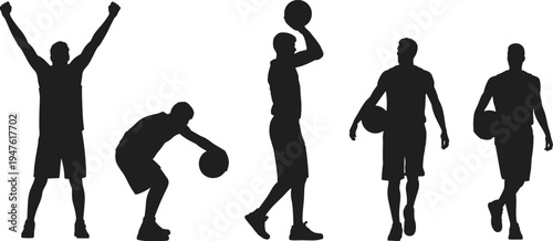 Basketball player silhouette collection, athletes dribbling shooting and holding ball poses, sport action set isolated on white background