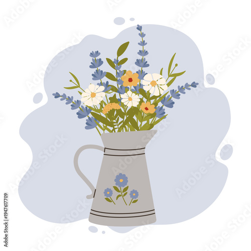 Cottagecore Bouquet of Wildflowers in Vintage Metal Pitcher Vector