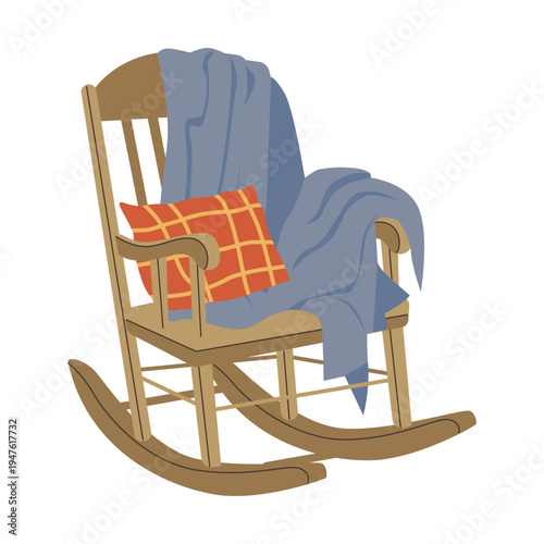 Cozy wooden rocking chair with a blue blanket and checkered orange cushion. Flat vector illustration isolated on white background. Perfect for home decor, hygge, and interior design.