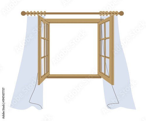 Open Wooden Window with White Curtains Vector Illustration Isolated