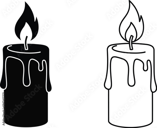 Black and white candles with melting wax and flame Vector