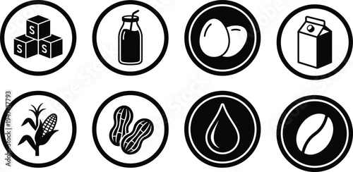 Black food ingredient icon set featuring sugar cubes, milk bottle, eggs, milk carton, corn, peanuts, oil drop and coffee bean vector symbols