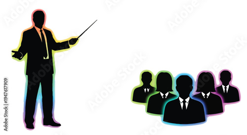 Business presentation vector graphic illustrates speaker instructing a group of diverse glowing professional silhouettes