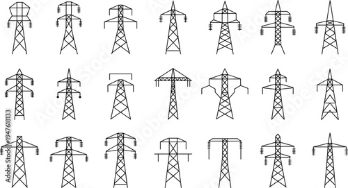 Electricity transmission tower set, high voltage power line pylons collection, engineering energy infrastructure line icons vector illustration isolated