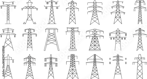 Electric power transmission tower set, high voltage electricity pylons line icons collection, energy infrastructure engineering vector illustration isolated