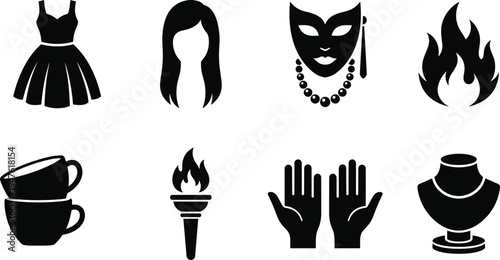 Black silhouette icon set of fashion and lifestyle symbols including dress, woman hair, mask, flame, coffee cups, torch, hands and jewelry display vector collection