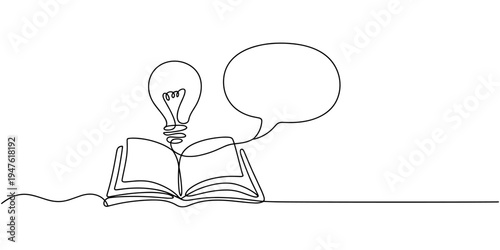 Continuous one line drawing of open book, light bulb and speech bubble. Trendy line art vector on a white background. Vector illustration.