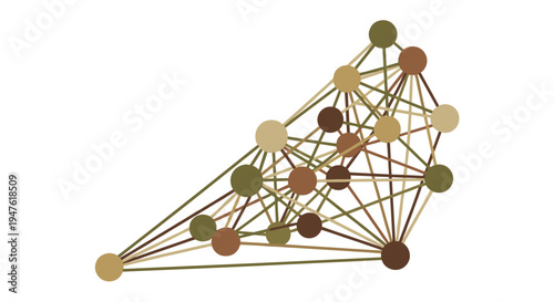An abstract, interconnected network of multicolored dots and lines forms a complex, organic-looking digital structure, symbolizing data, communication, and technological relationships.