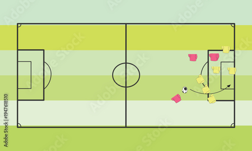 Soccer coaching diagram illustrating a tactical set piece play developing near the opponent's goal box area.