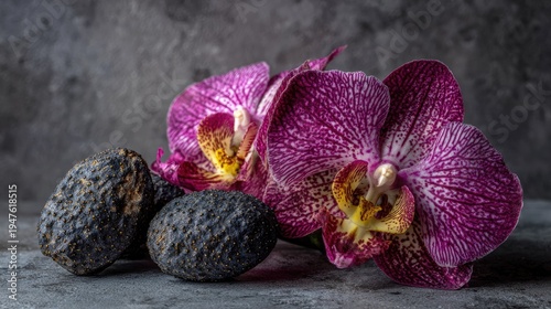 Dark textured tropical fruits rest beside vibrant purple and yellow spotted blossoms