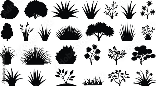 Bush and plant silhouette icon set with grass, shrubs and garden foliage, black nature vector elements for landscape design, botanical decoration and outdoor s