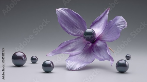 Lustrous dark spheres rest around a delicate pale purple bloom against a neutral backdrop