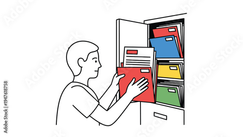 Person Filing Documents in Office Cabinet. Organizing Paperwork and Data. Archiving and Storage Concept. Flat Line Illustration.