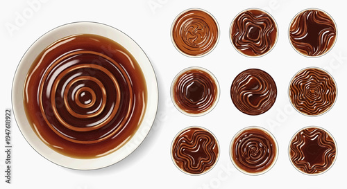 A close-up photo of chocolate sauce in a white bowl and nine chocolate sauce swirls on a white surface