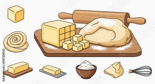 Butter blocks and dough on a wooden board with baking tools nearby