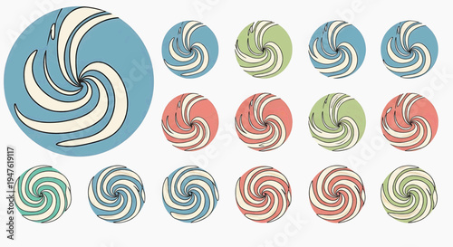 A colorful assortment of swirling candy designs arranged neatly on a white background with various patterns