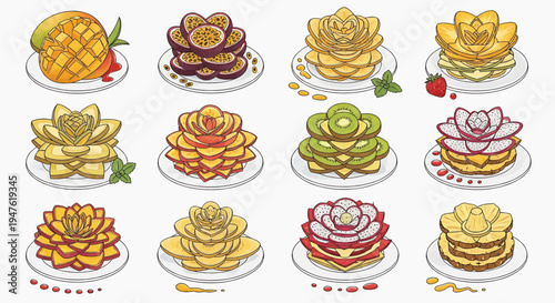 A vibrant display of various pancakes and fruits on plates arranged in rows on a table.