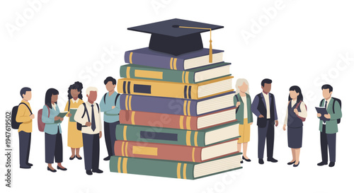 Diverse group of students and educators standing around a large stack of academic books topped with a graduation cap, symbolizing education and learning.
