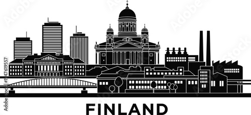 Helsinki Finland Skyline Silhouette with Cathedral and Factories city architecture