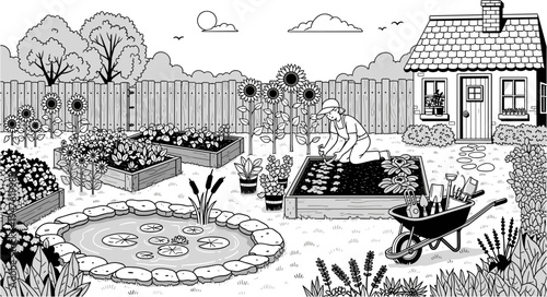 Detailed black and white line art illustration of a person tending to a vibrant garden with raised beds, sunflowers, and a tranquil pond, perfect for coloring or as a serene background.