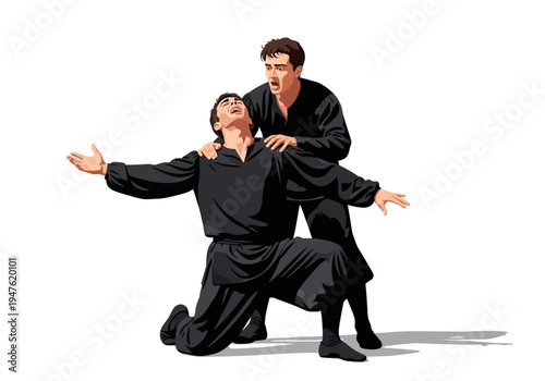 Two men in black performing a dramatic dance.