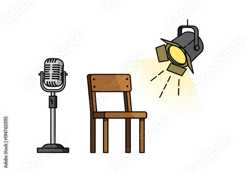 Spotlight on a Vintage Microphone and Empty Chair Illustration.