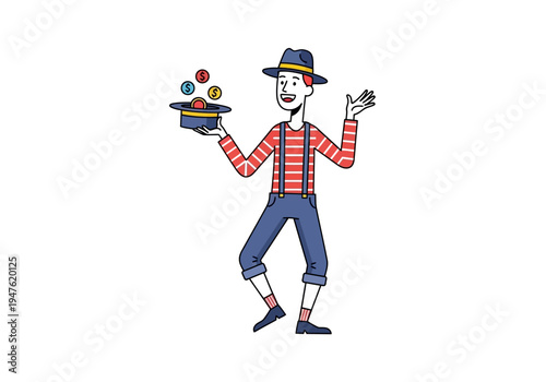 Cartoon Juggler Performing Tricks with Colorful Balls in a Hat.
