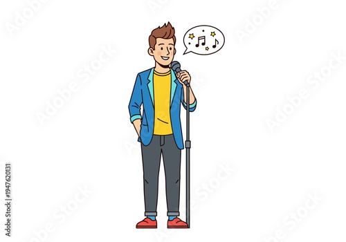 Young Man Singing Enthusiastically into a Microphone on Stage.