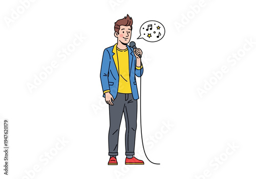 Man Singing into Microphone with Musical Notes in Speech Bubble.