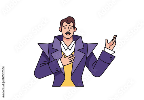 Man in a purple coat singing opera with hand on chest.