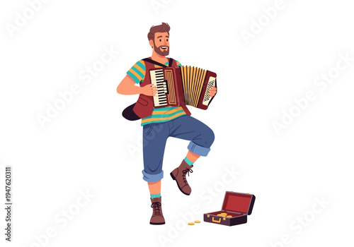 Man Playing Accordion on Street with Open Case for Money.
