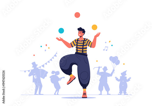 A skilled juggler performs with colorful balls in a lively scene.