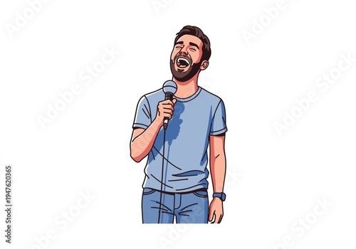Man Singing Enthusiastically into Microphone.