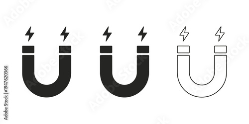 Electromagnetism Icon Set, Featuring U-Shaped Magnet and Power Bolt Symbols Perfect for Physics, Science Education, Electricity, and Creative Design Projects.