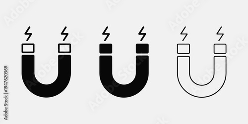 Electromagnetism Vector Icons, Including U-Shaped Magnet and Electric Power Bolt Illustrations Ideal for Science Learning, Physics Diagrams, Educational Materials, and Digital Design Applications.