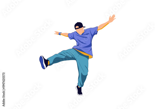 Young man dancing hip hop on white background.