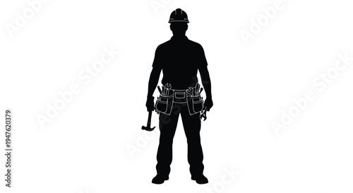 Black silhouette vector graphic illustration of a construction worker with a hard hat and tool belt ready for work.