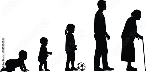 Human life cycle silhouette progression from baby to elderly person stages of life