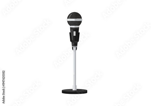 A classic black microphone on a stand for music and performance.