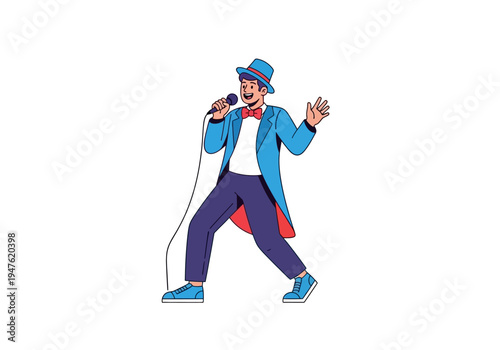 Man in Blue Suit Singing into Microphone with Top Hat.